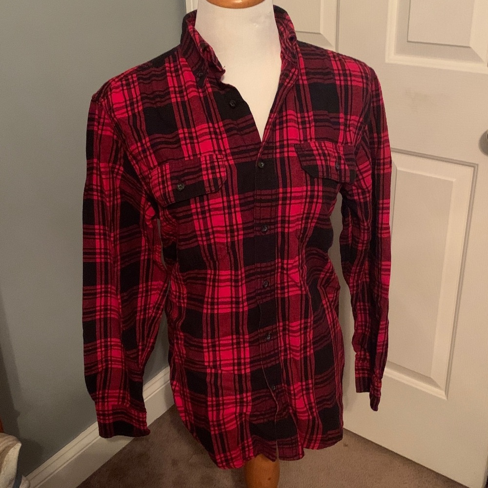 Faded Glory Red and Black Plaid Button Down Shirt